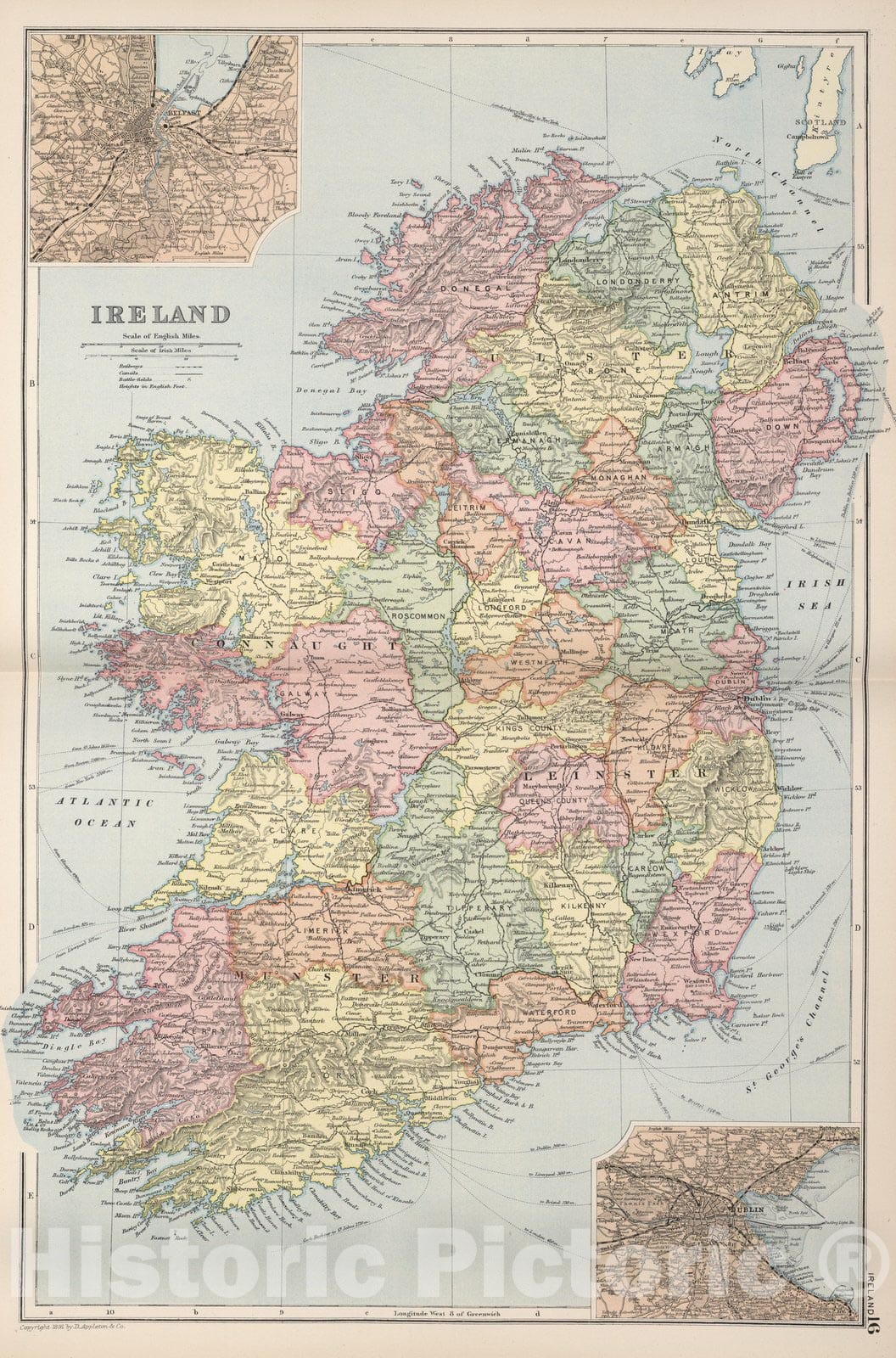 Historic Map : World Atlas Map, Ireland 16 1891 - Vintage Wall Art