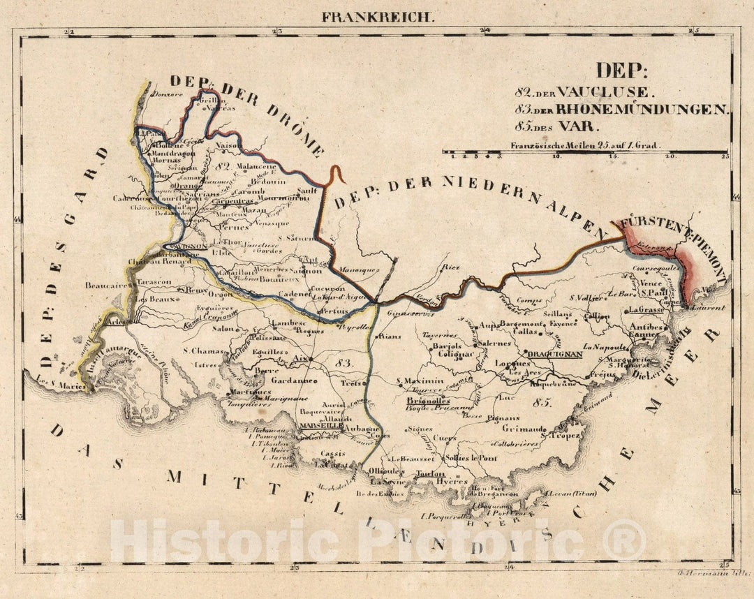 Historic Wall Map : France, V.1:1-5: I: Frankreich. DEP: 82. Der Vaucuse. 83. Der Rhonemundungen. 85. Des Var 1825 , Vintage Wall Art