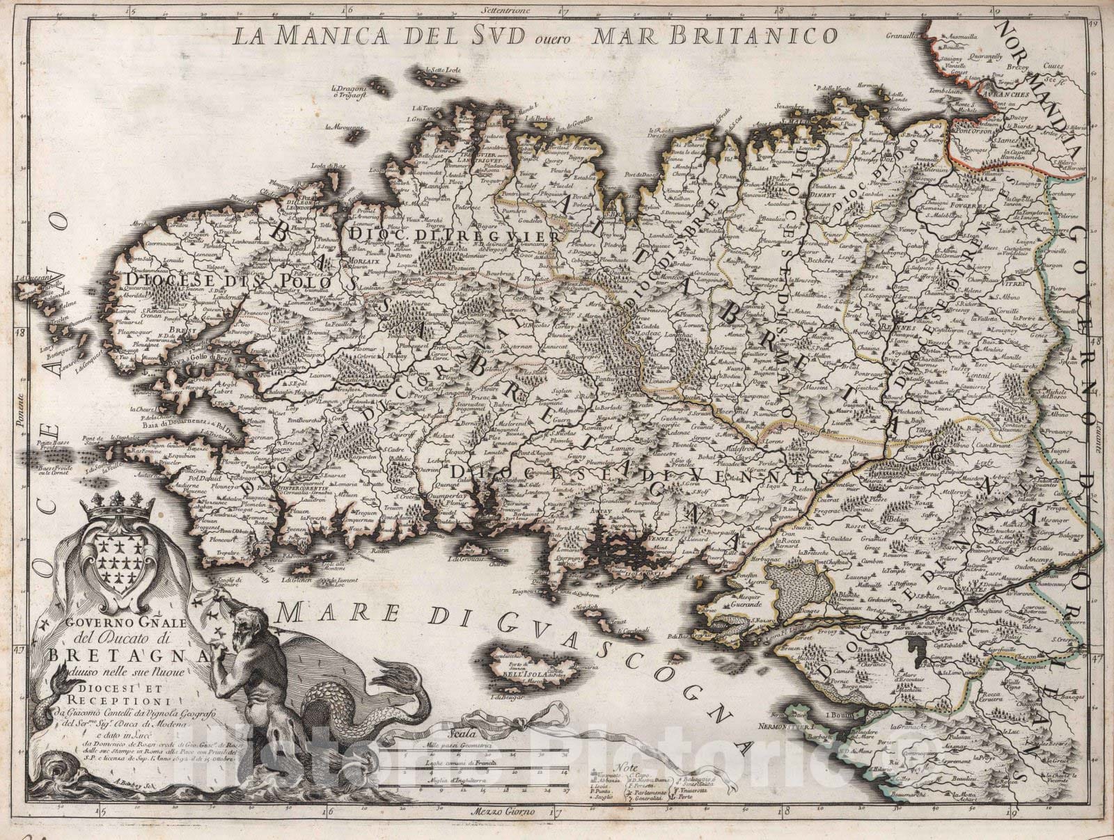 Historic Map : France, , EuropeGoverno Gnale del Ducato di Bretagna 1692 , Vintage Wall Art