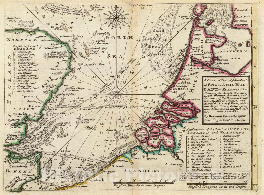 Historic Map : World Atlas Map, Chart of part of coast of England, Holland & Flanders &c. 1736 - Vintage Wall Art