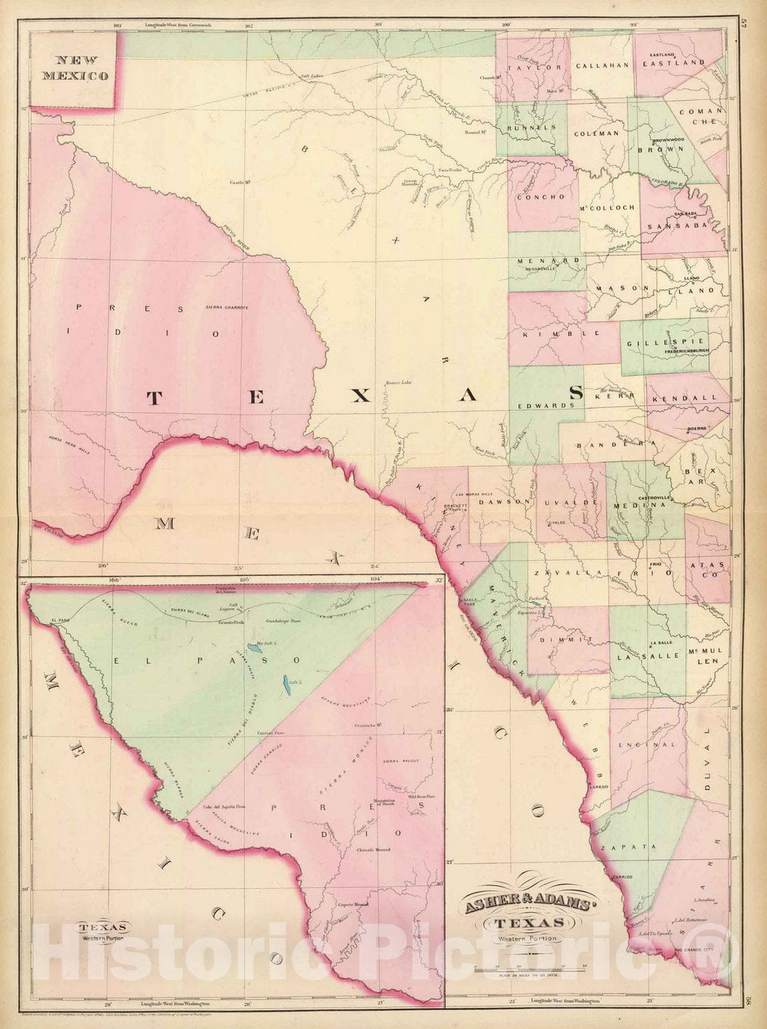 Historic Map : Texas, Texas W portion. 1874 , Vintage Wall Art