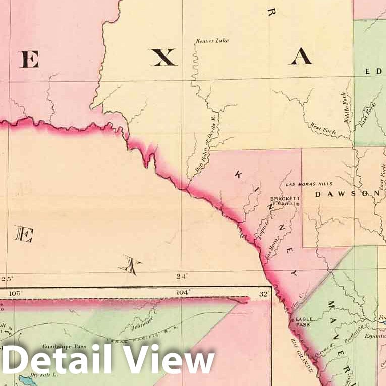 Historic Map : Texas, Texas W portion. 1874 , Vintage Wall Art