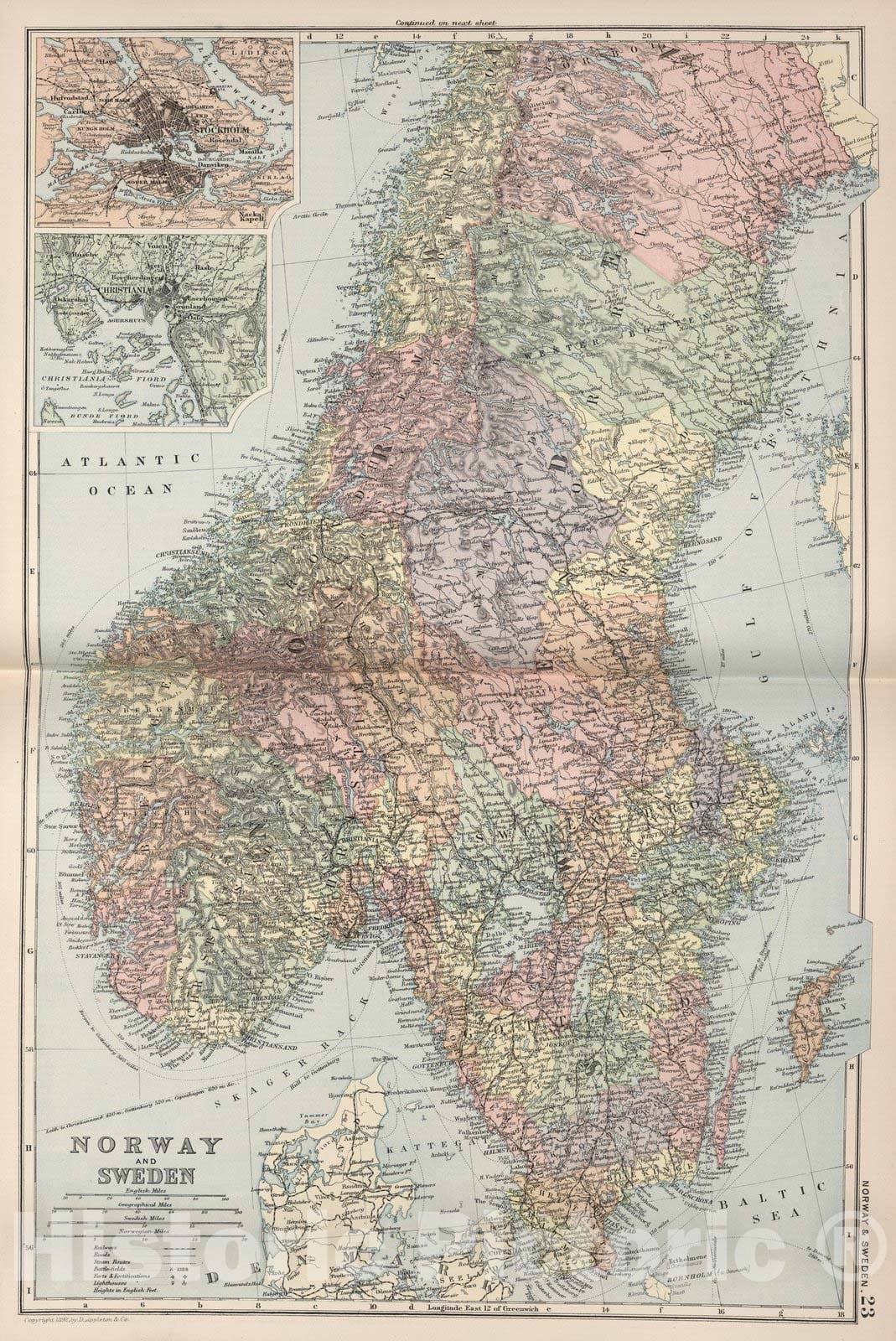 Historic Map : World Atlas Map, Norway and Sweden. 23 1892 - Vintage Wall Art