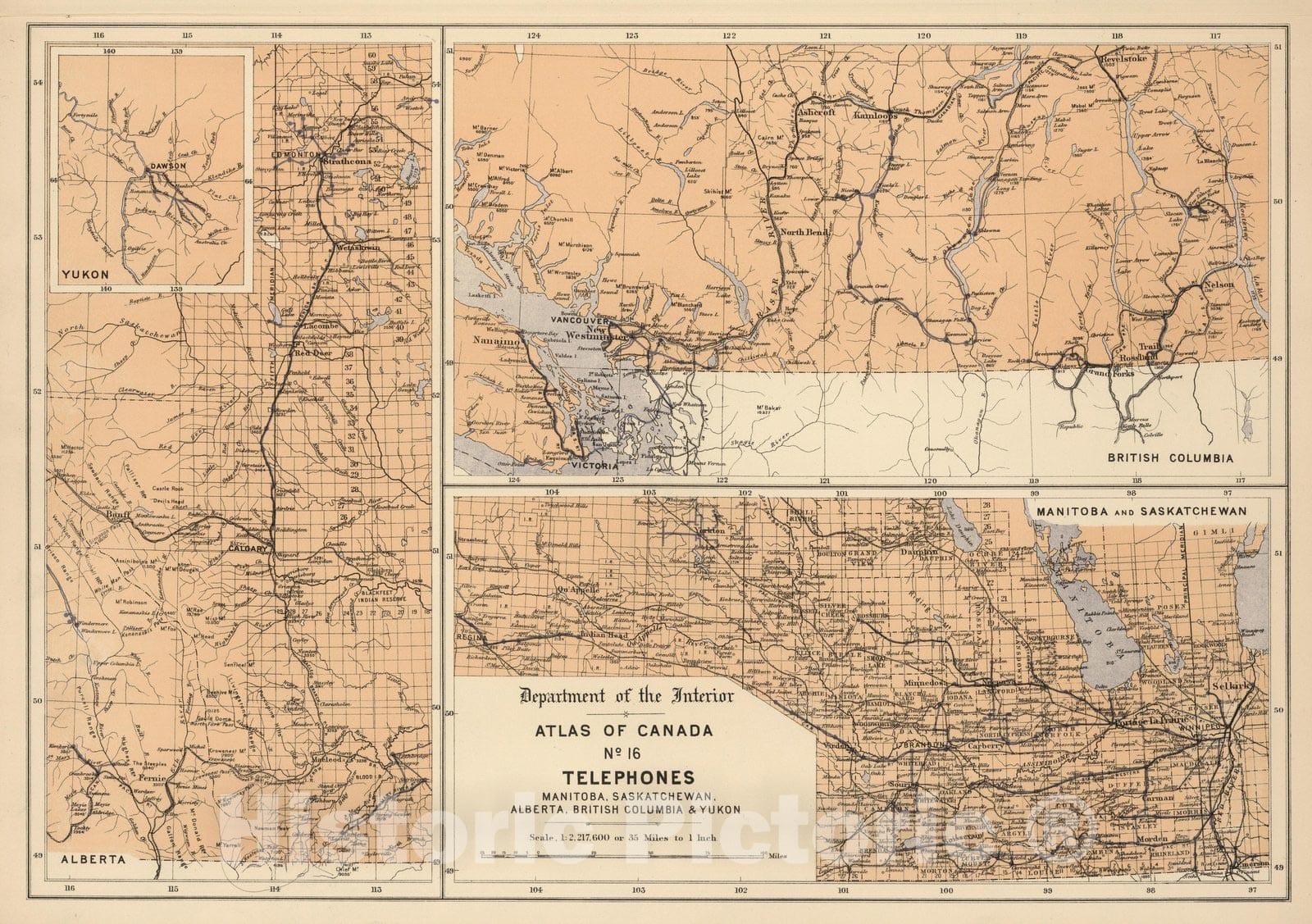 Historic Map : No.16, Telephone : Manitoba, Saskatchewan, Alberta, British Columbia & Yukon 1906 - Vintage Wall Art