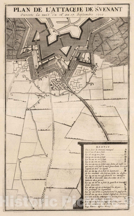 Historic Map : St. Vernant , France,54. Plan de l'Attaques de St. Venant, France. 1710. 1710 , Vintage Wall Art