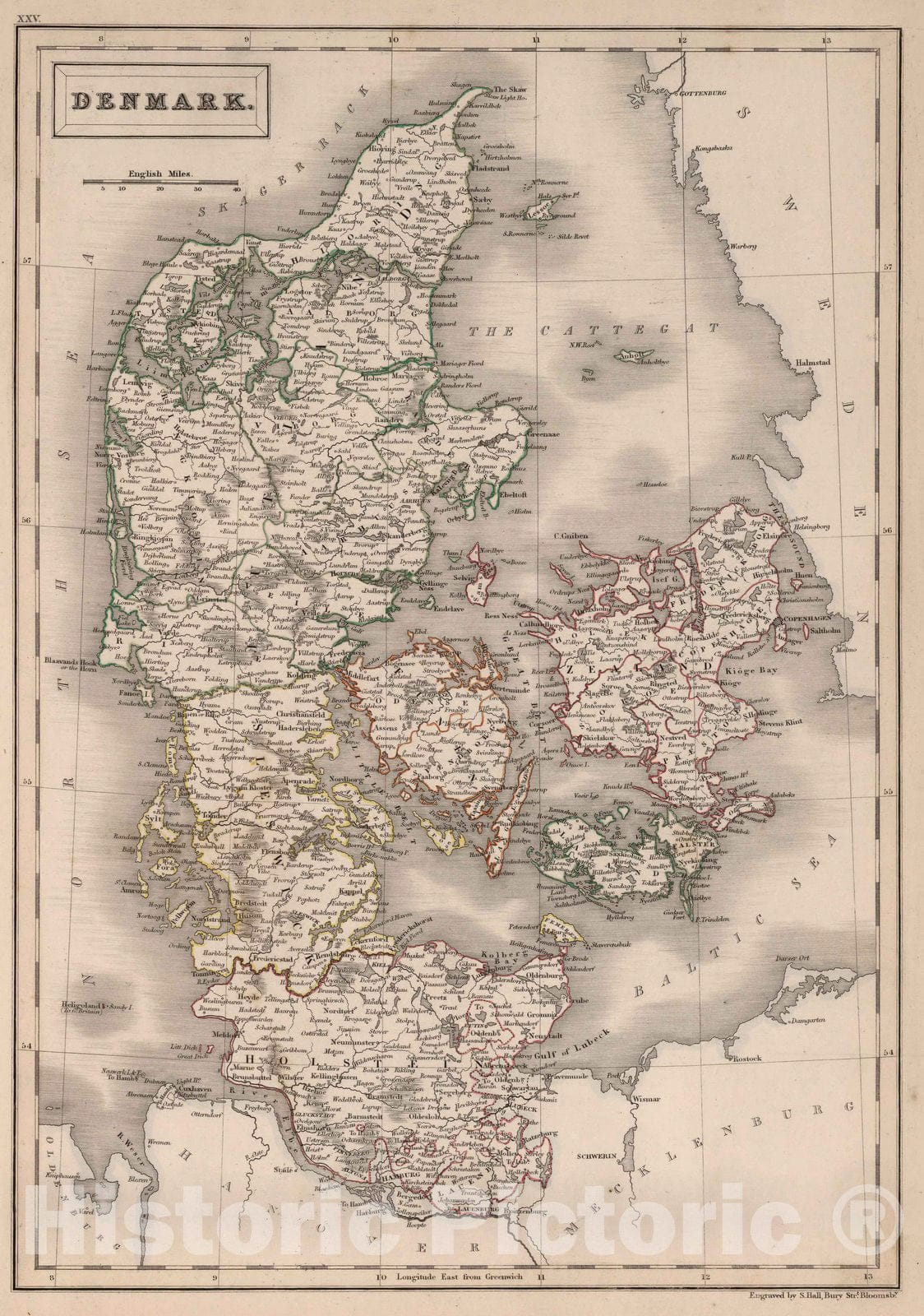 Historic Map : World Atlas Map, Denmark. 1841 - Vintage Wall Art