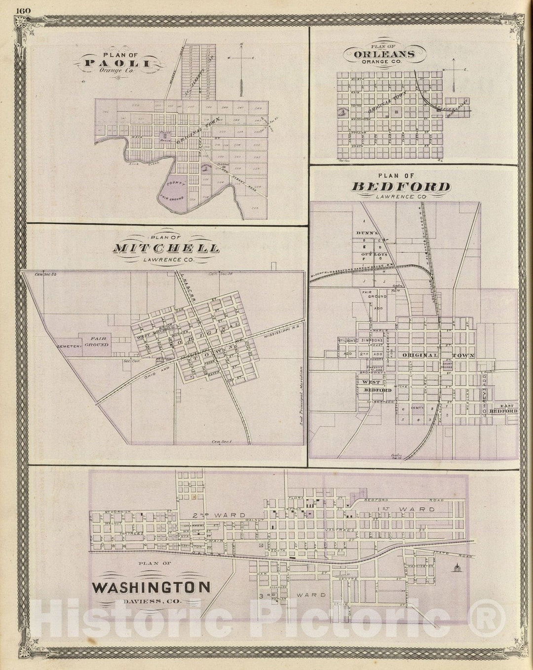 Historic Wall Map : State Atlas Map, Plan of Washington, Daviess Co. (with) Paoli, Orleans, Mitchell, Bedford. 1876 - Vintage Wall Art