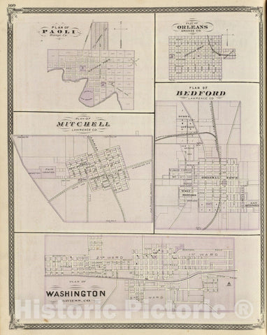 Historic Wall Map : State Atlas Map, Plan of Washington, Daviess Co. (with) Paoli, Orleans, Mitchell, Bedford. 1876 - Vintage Wall Art