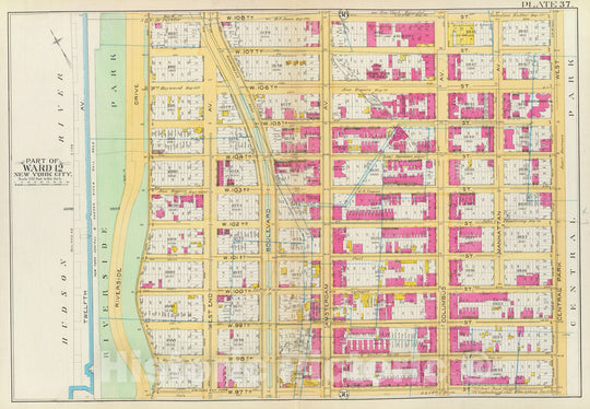 Historic Map : Manhattan Fire Insurance City Atlas Map, Pl. 37: ward 12. 1891 - Vintage Wall Art