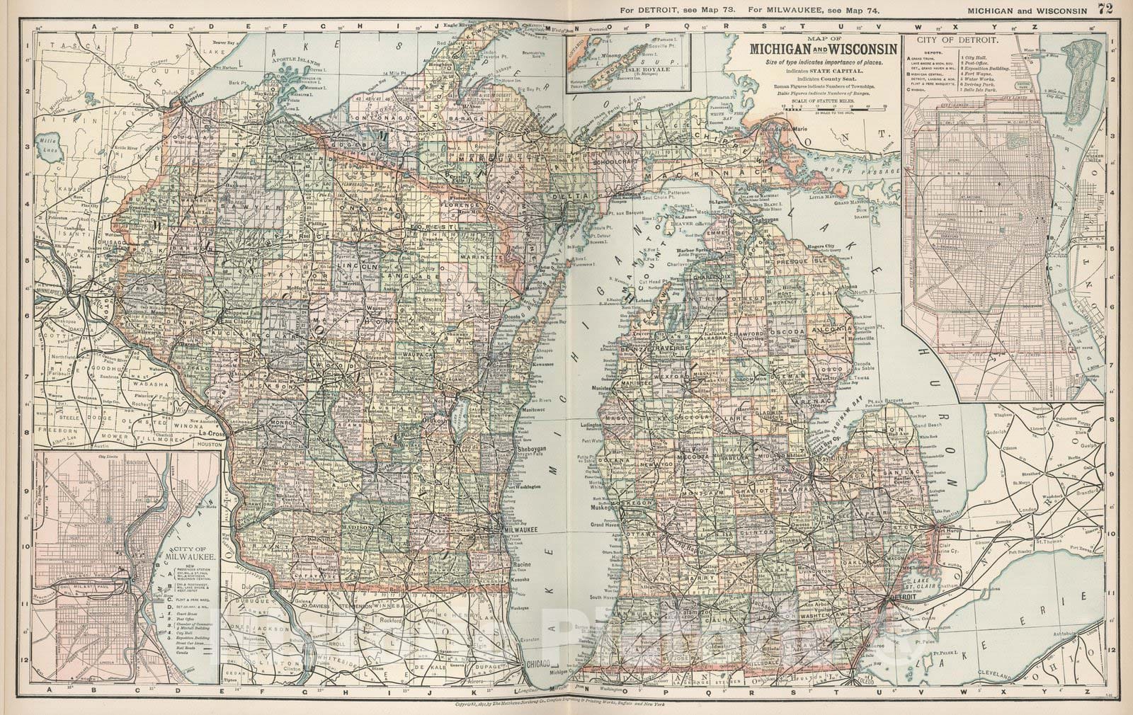 Historic Map : Map of Michigan and Wisconsin, 1891 - Vintage Wall Art