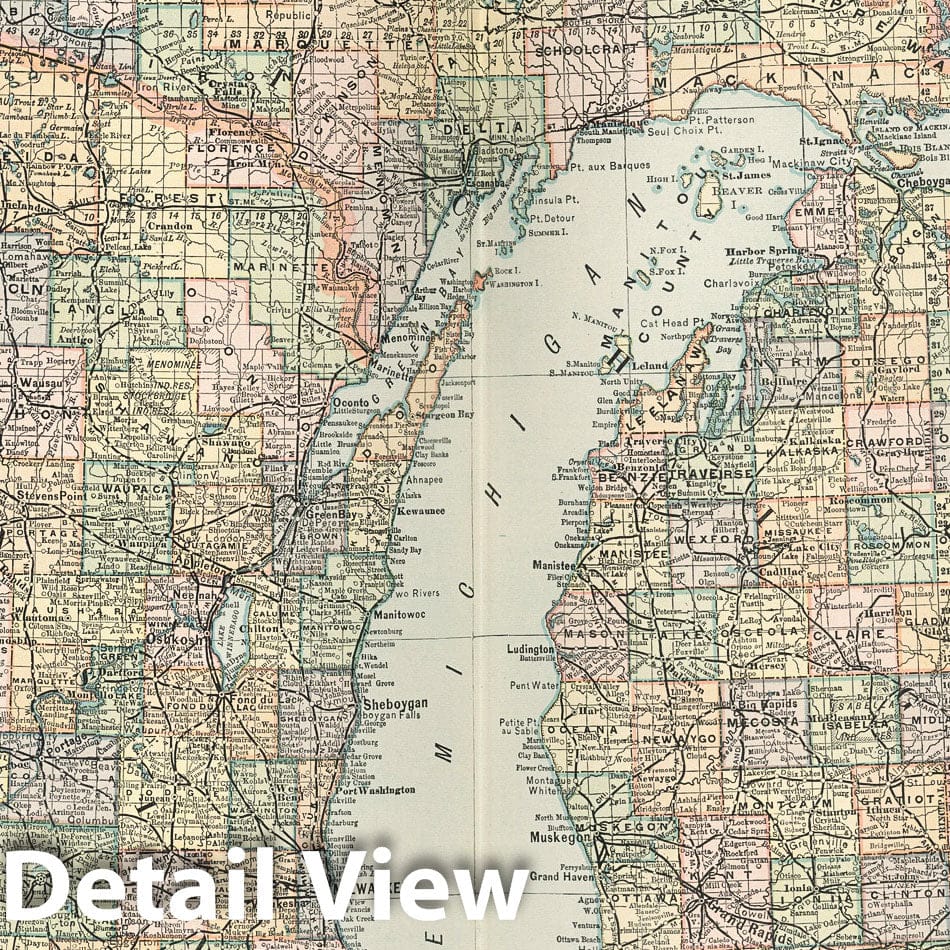 Historic Map : Map of Michigan and Wisconsin, 1891 - Vintage Wall Art