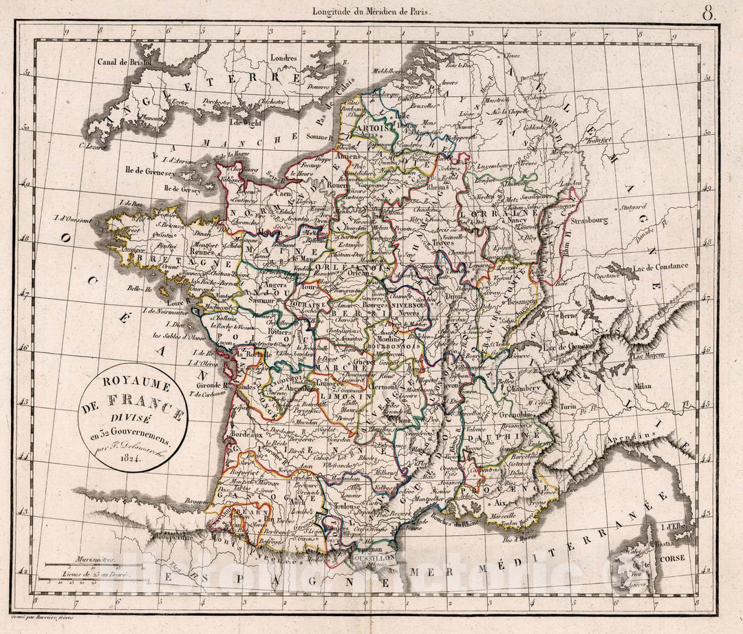 Historic Map : France,Royaume de France Divise en 32 Governemens 1824. 1826 , Vintage Wall Art