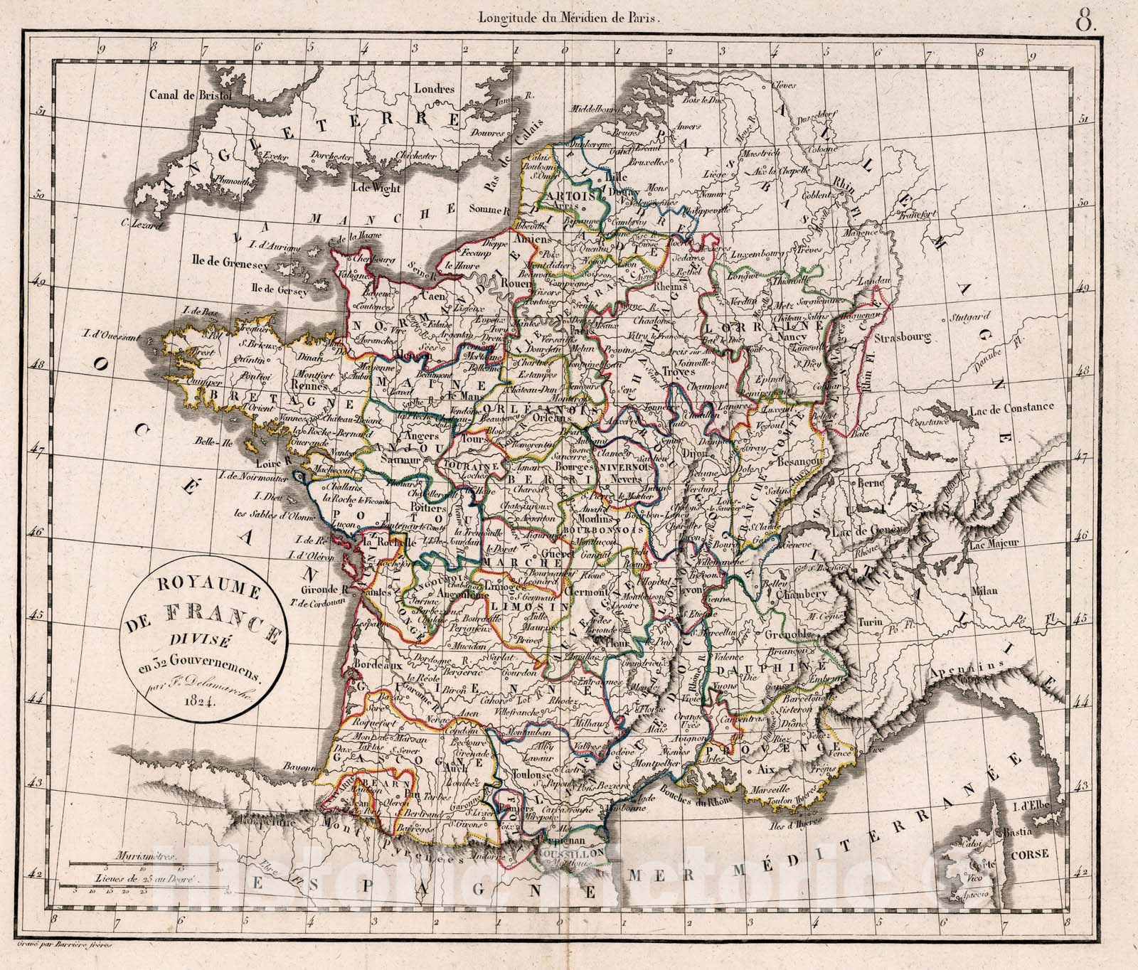 Historic Map : France,Royaume de France Divise en 32 Governemens 1824. 1826 , Vintage Wall Art