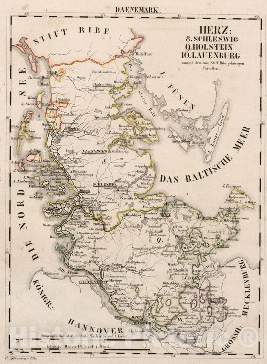 Historic Map : Denmark, V.1:1-5: V: II: Daenemark: Herz: 8. Schleswig. 9. Holstein.10. Lauenburg 1825 , Vintage Wall Art