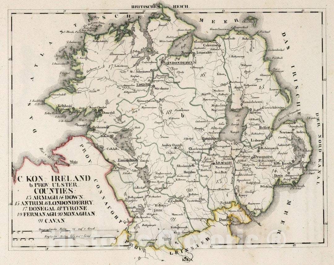 Historic Map : Ireland, V.3:11-15:XV. Britisches Reich. C. Kon: Ireland. b. Prov: Ulster. Counties: 13-21 1830 , Vintage Wall Art