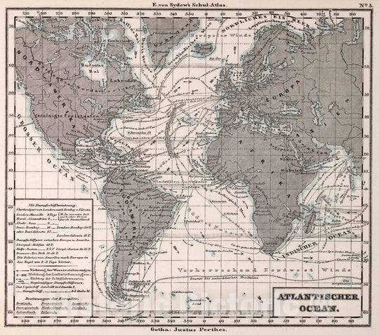 Historic Map : School Atlas Map, 5. Atlantischer Ocean. Atlantic Ocean. 1872 - Vintage Wall Art