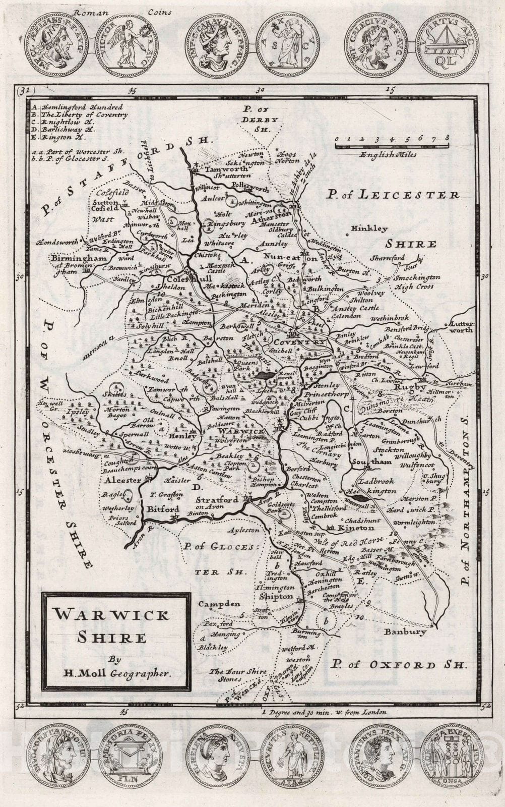 Historic Map : Warwick Shire. By H. Moll Geographer 1724 - Vintage Wall Art