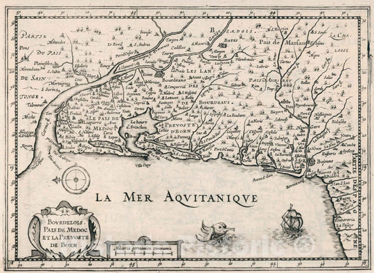 Historic Map : France, Bordeaux Region , FranceBovrdelois, pais de Medoc et la prevoste de Born 1636 , Vintage Wall Art