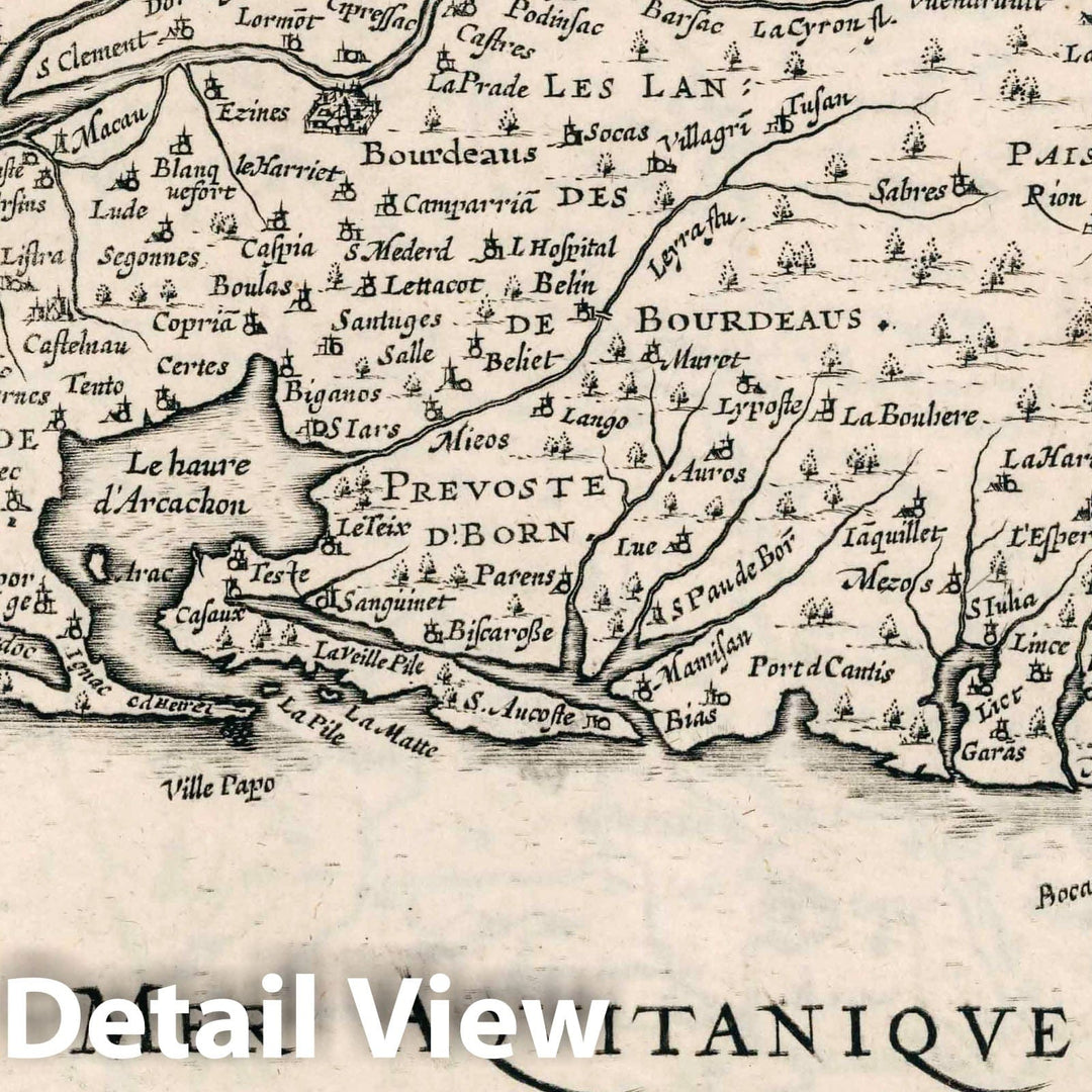 Historic Map : France, Bordeaux Region , FranceBovrdelois, pais de Medoc et la prevoste de Born 1636 , Vintage Wall Art