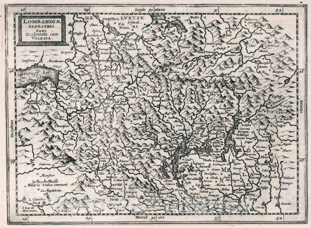 Historic Map : Italy, Lombardy (Italy)Lombardiae Alpestris pars occidentalis cum Valesia 1636 , Vintage Wall Art