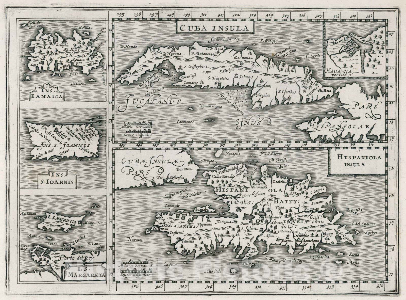 Historic Wall Map : Jamaica, CaribbeanCuba Insula. Hispaniola Insula 1636 , Vintage Wall Art