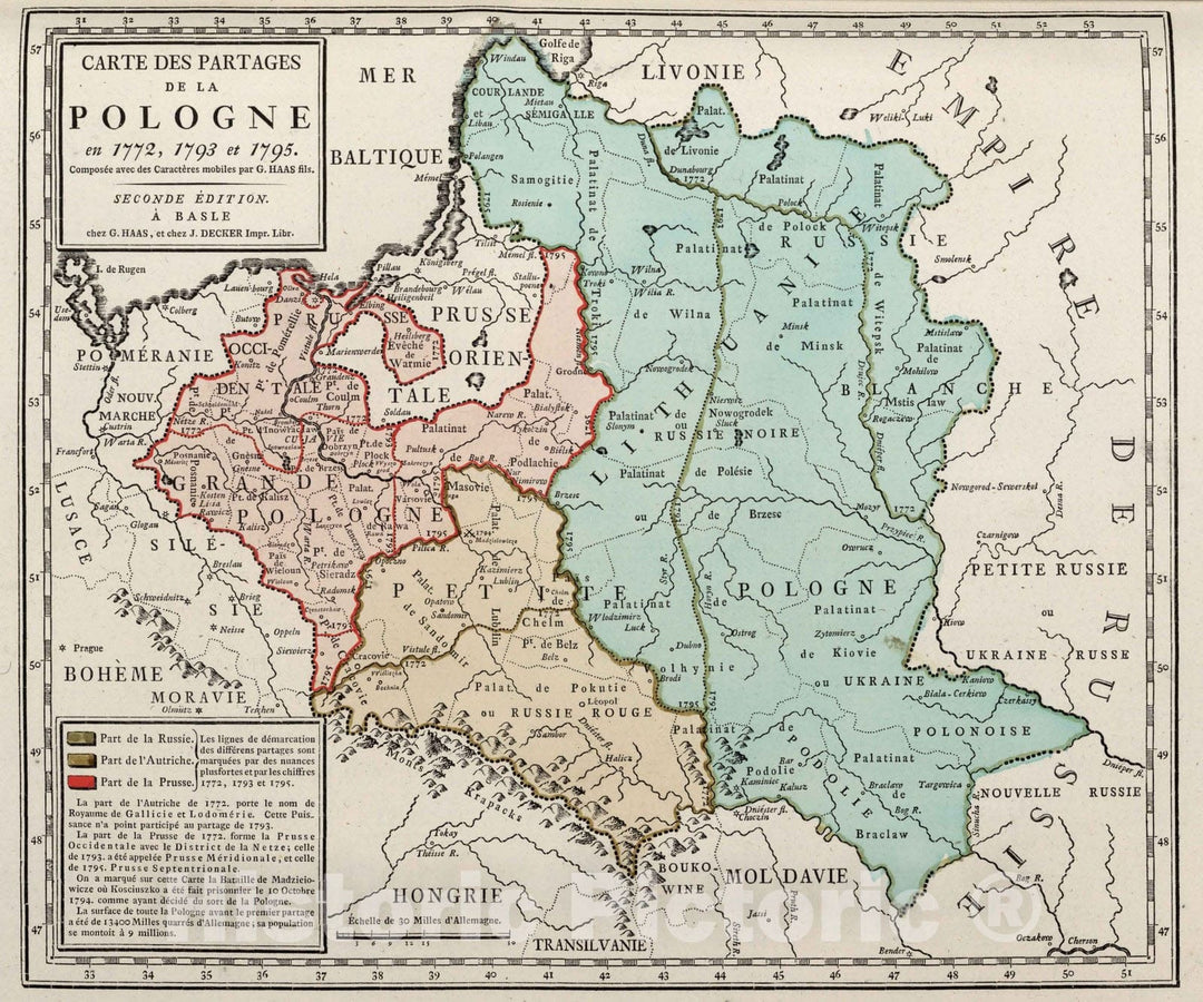 Historic Map : Poland,Carte des Partages de la Pologne en 1772, 1793, et 1795. 1804 , Vintage Wall Art