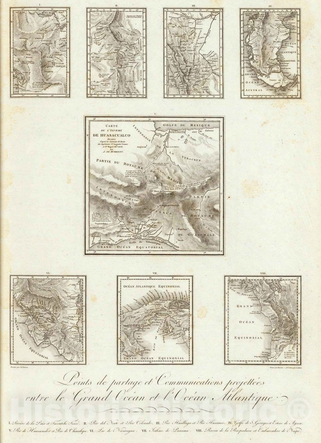 Historic Map : Mexico, , Central America Points de partage et Communications projettees. 1811 , Vintage Wall Art