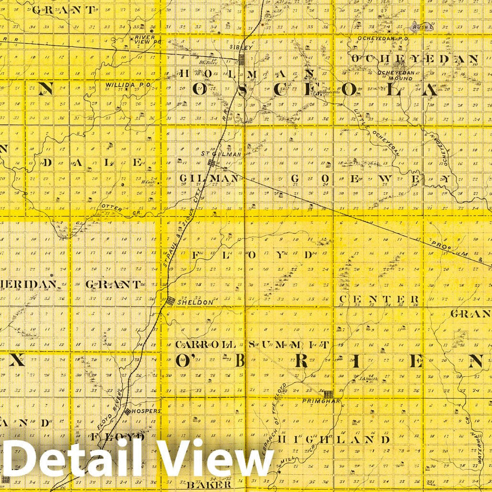 Historic Map : State Atlas Map, Counties of Lyon, Osceola, Dickinson, Sioux, O'Brien and Clay, State of Iowa. 1875 - Vintage Wall Art