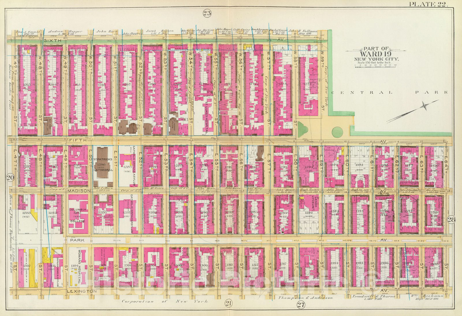 Historic Map : Manhattan Fire Insurance City Atlas Map, Pl. 22: ward 19. 1891 - Vintage Wall Art