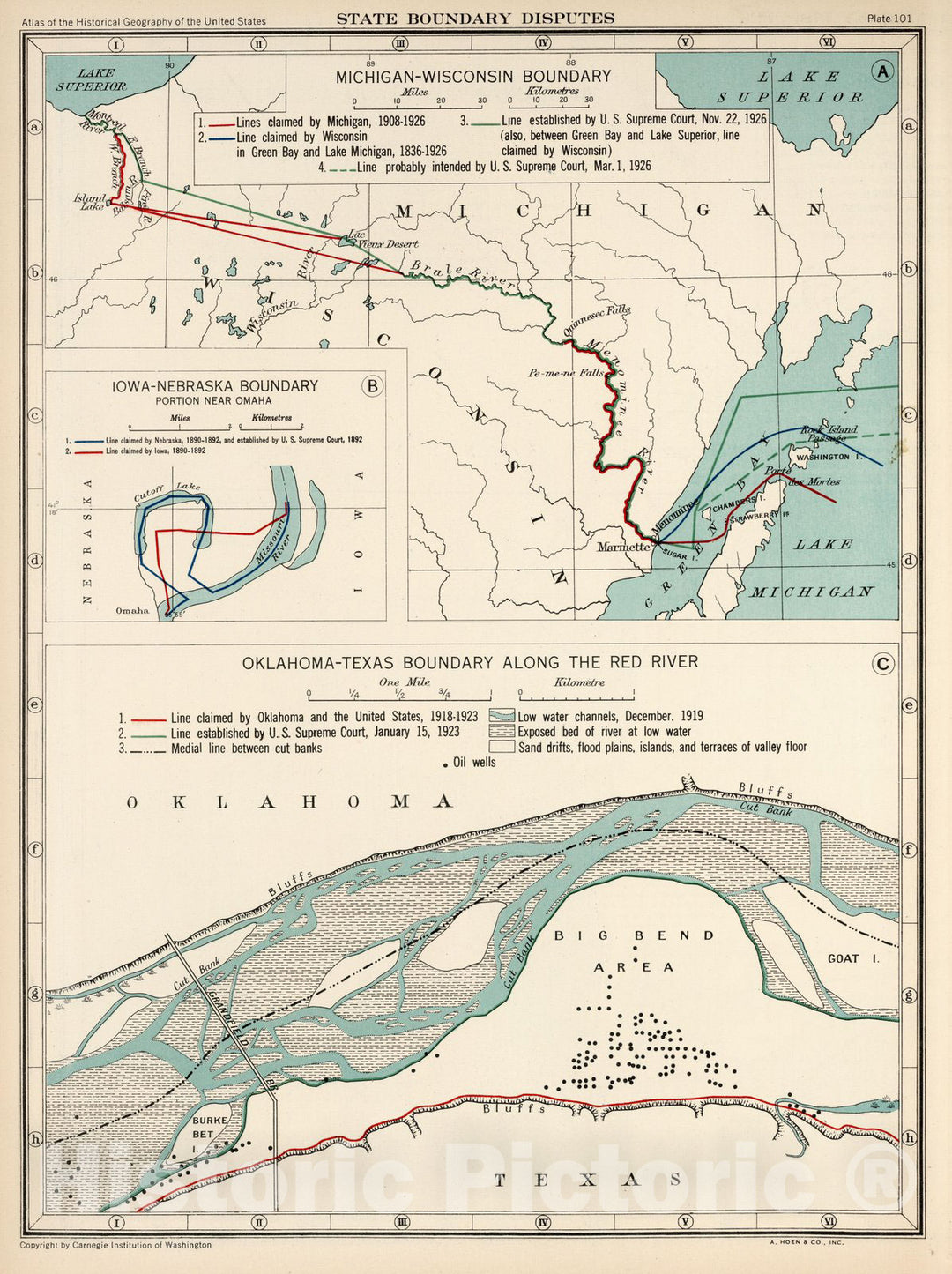 Historic Map : Historical Atlas Map, Plate 101. State Boundary Disputes. Michigan - Wisconsin. Oklahoma - Texas. 1932 - Vintage Wall Art