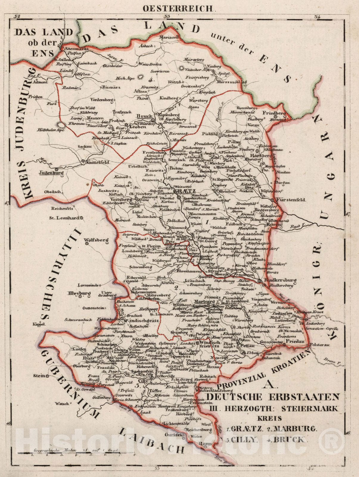 Historic Map : Germany, V.3:11-15:XI:1. Oesterreich. A. Deutsche Erbstaaten. III. Herzogth: Steiermark kreis 1828 , Vintage Wall Art