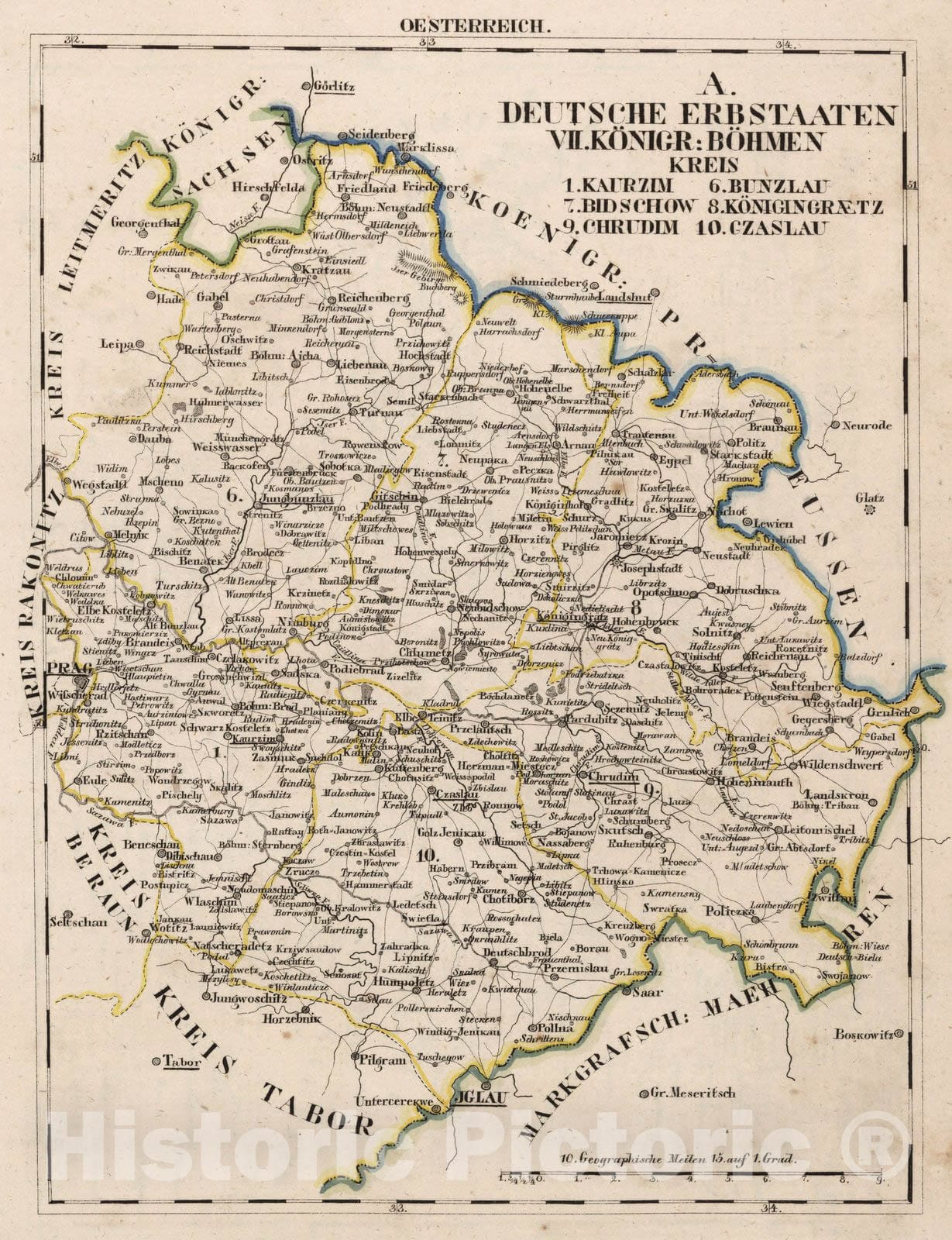 Historic Map : Germany, V.3:11-15:XI:1. Oesterreich. A. Deutsche Erbstaaten.VII. Konigr: Bohmen Kreis 1828 v2 , Vintage Wall Art