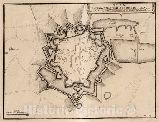 Historic Map : Quesnoy , France,60. Plan du Quesnoy Ville Forte au Compte de Henault, France. 1727 , Vintage Wall Art