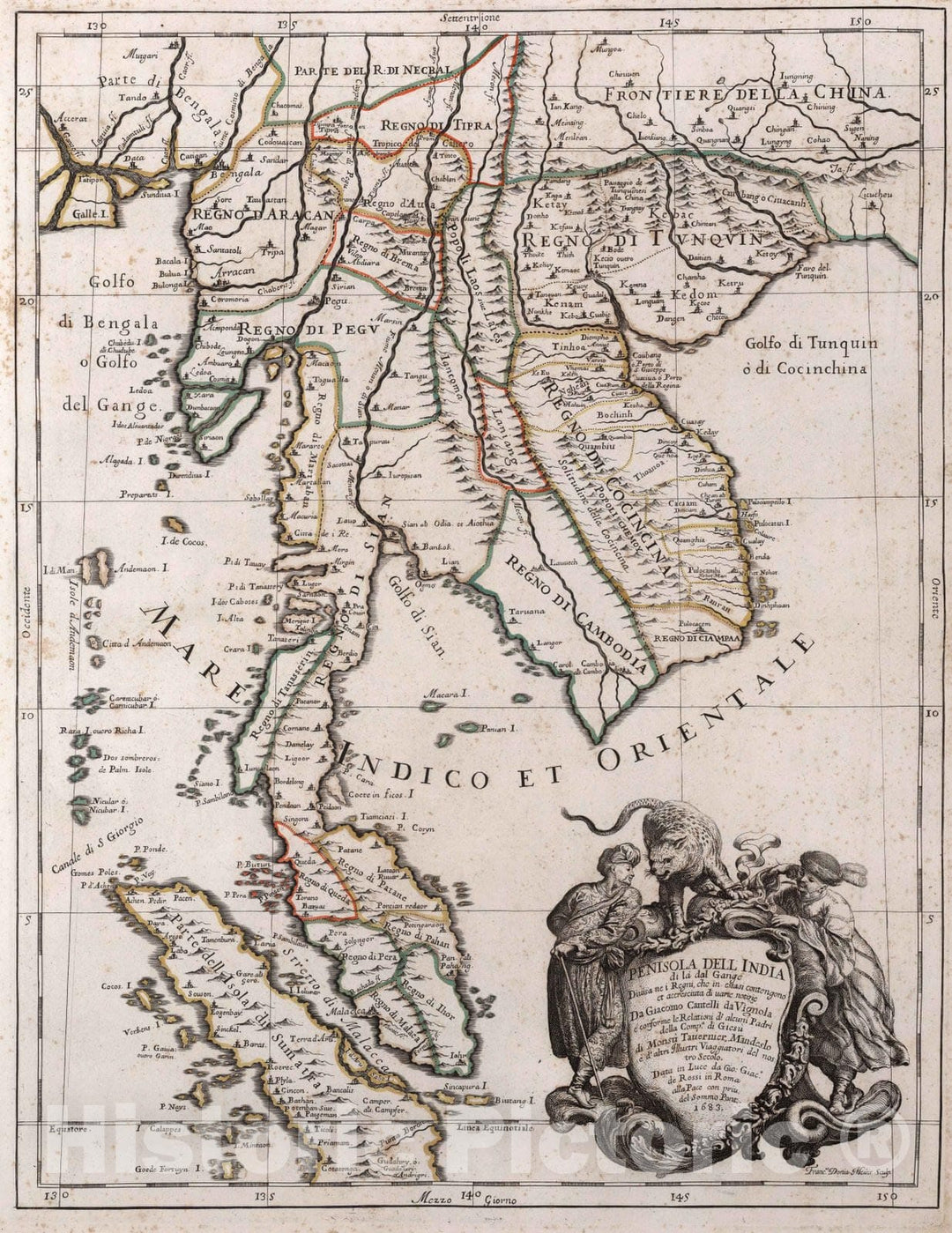 Historic Map : Indochina, AsiaPenisola dell India di la dal Gange 1683 , Vintage Wall Art