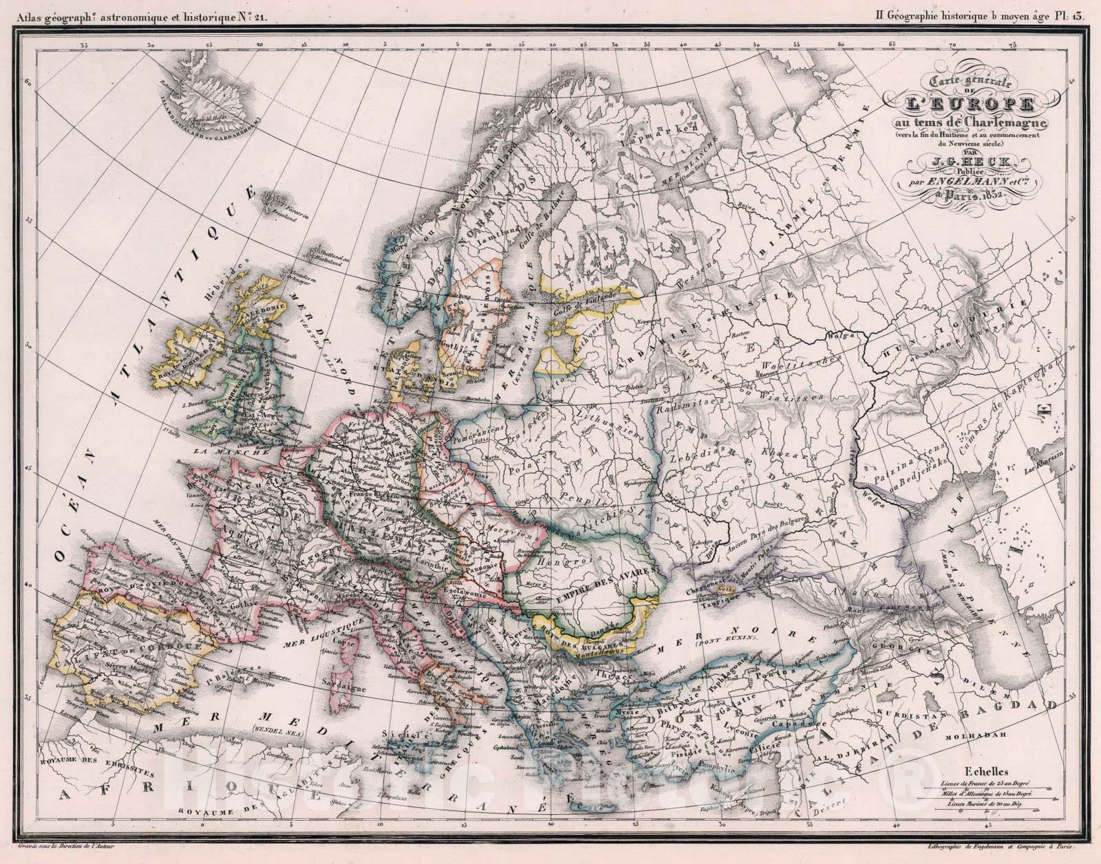 Historic Map : World Atlas Map, 21. Carte generale de l'Europe au tems de Charlemange. 1832 - Vintage Wall Art