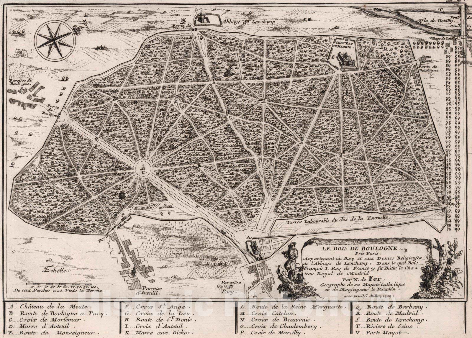 Historic Map : World Atlas Map, Le Bois de Boulogne pres Paris. 1703 - Vintage Wall Art