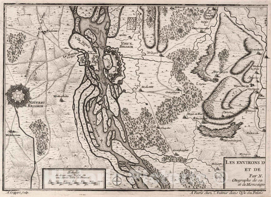 Historic Map : World Atlas Map, Les Environs des Deux Brisachs Fribourg (western sheet), France. 1705 - Vintage Wall Art