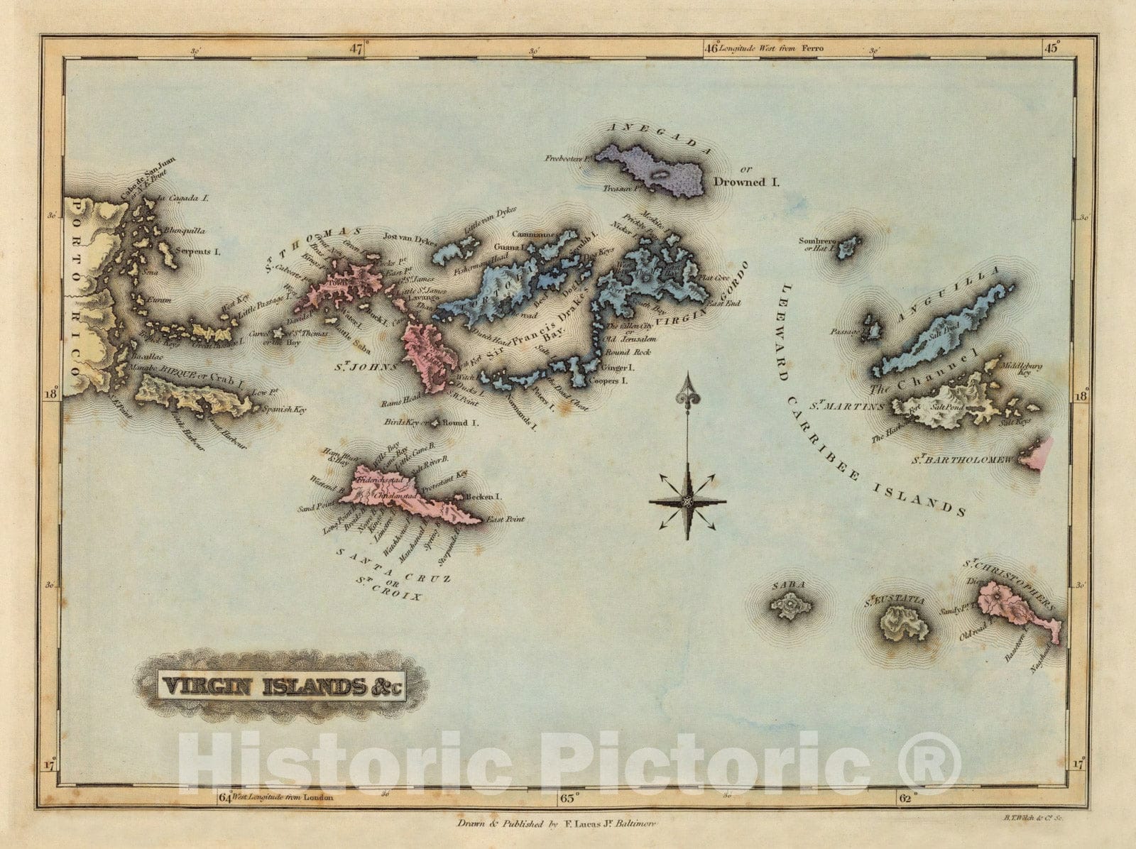 Historic Map - World Atlas Map, Virgin Islands & c. 1823 - Vintage Wall Art