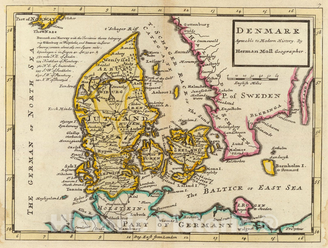 Historic Map : World Atlas Map, Denmark. 1736 - Vintage Wall Art