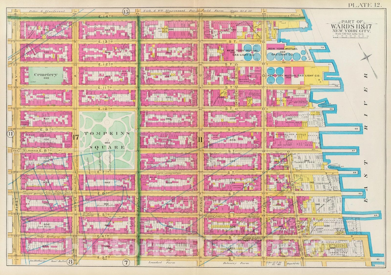 Historic Map : Manhattan Fire Insurance City Atlas Map, Pl. 12: wards 11, 17. 1891 - Vintage Wall Art