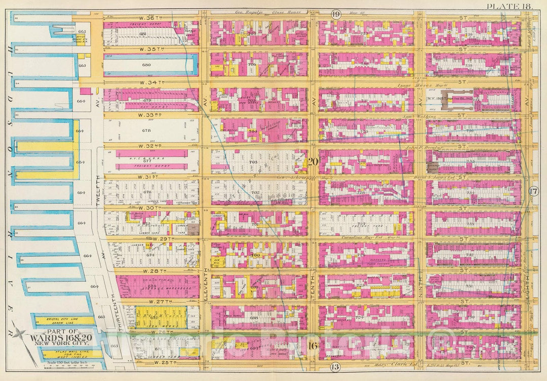 Historic Map : Manhattan Fire Insurance City Atlas Map, Pl. 18: wards 16, 20. 1891 - Vintage Wall Art