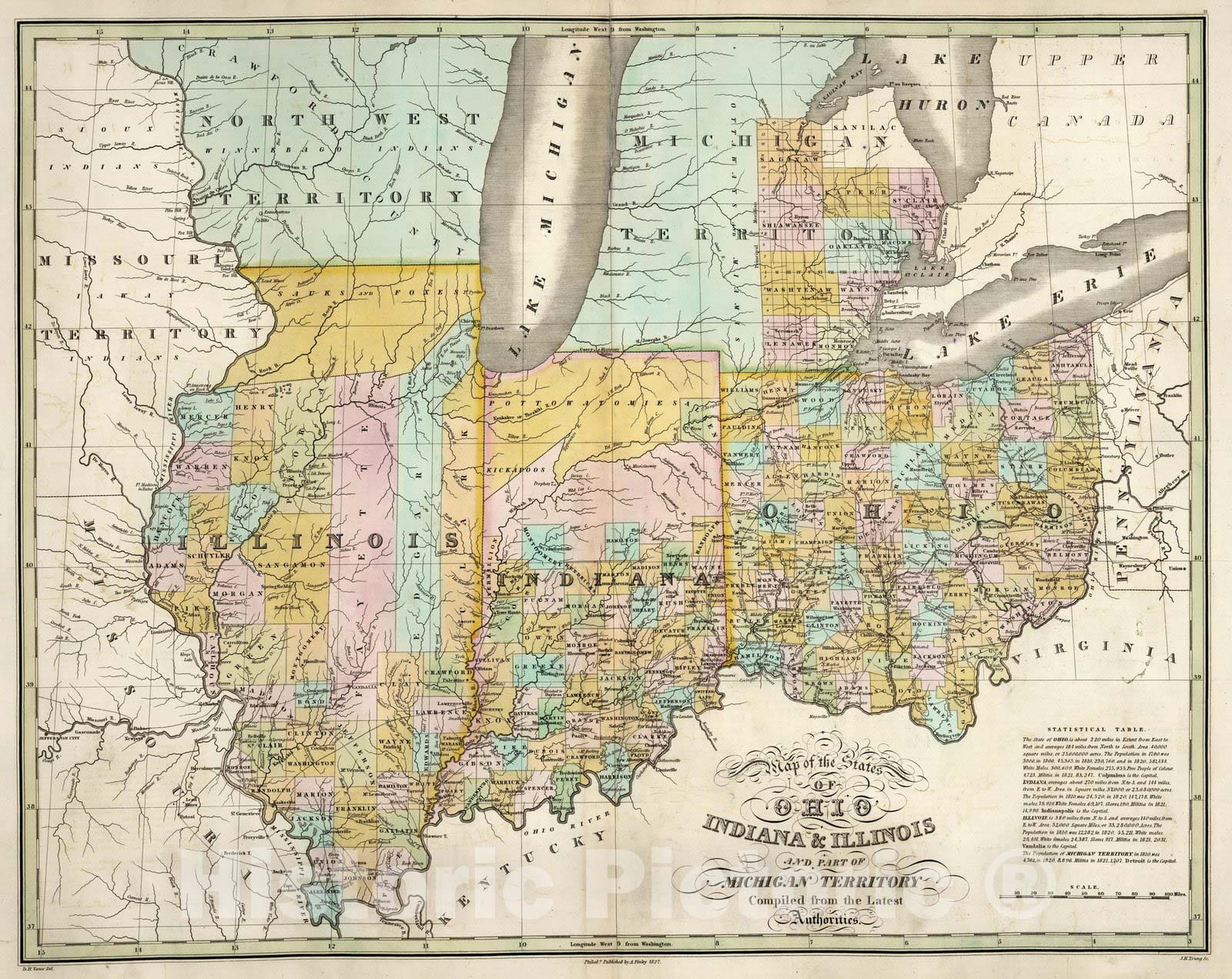 Historic Map : Ohio, Indiana & Illinois and Part of the Michigan Territory. 1827 - Vintage Wall Art