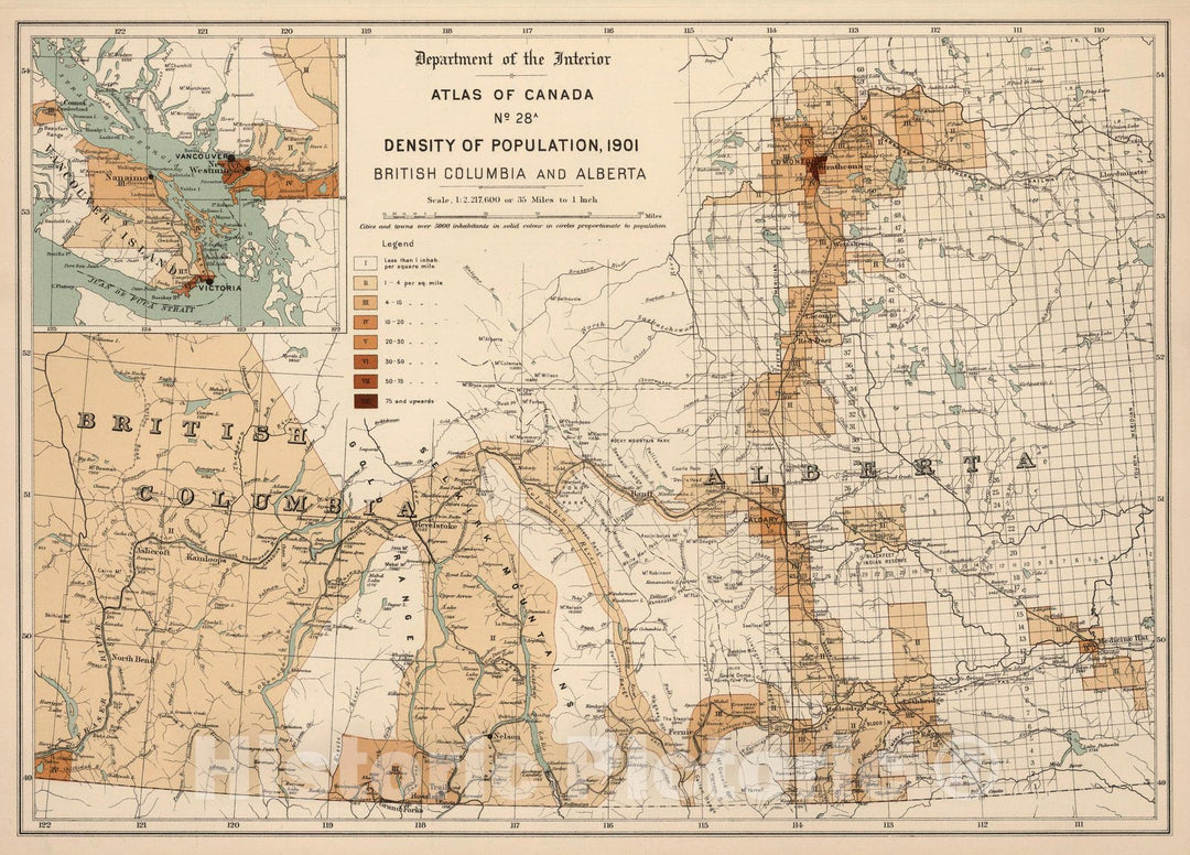 Historic Map : No. 28 A, Density of population, 1901; British Columbia and Alberta 1906 - Vintage Wall Art