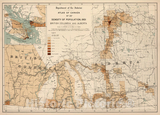 Historic Map : No. 28 A, Density of population, 1901; British Columbia and Alberta 1906 - Vintage Wall Art