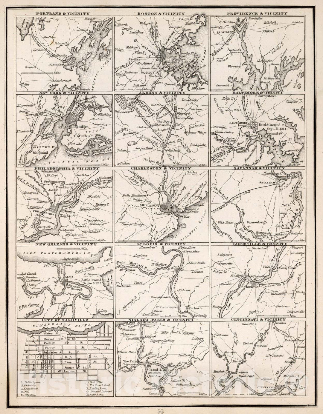 Historic Map : World Atlas Map, Plan of the principal cities in the United States 1838 - Vintage Wall Art