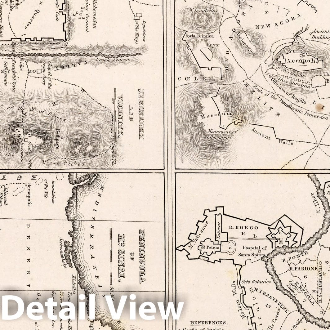 Historic Map : World Atlas Map, Athens, Rome, Jerusalem, Peninsula of M .Sinai 1838 - Vintage Wall Art