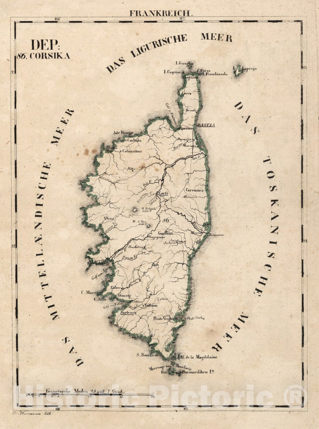 Historic Map : France, National Atlas Map, V.1:1-5: I: Frankreich. DEP: 86. Korsika 1825 , Vintage Wall Art