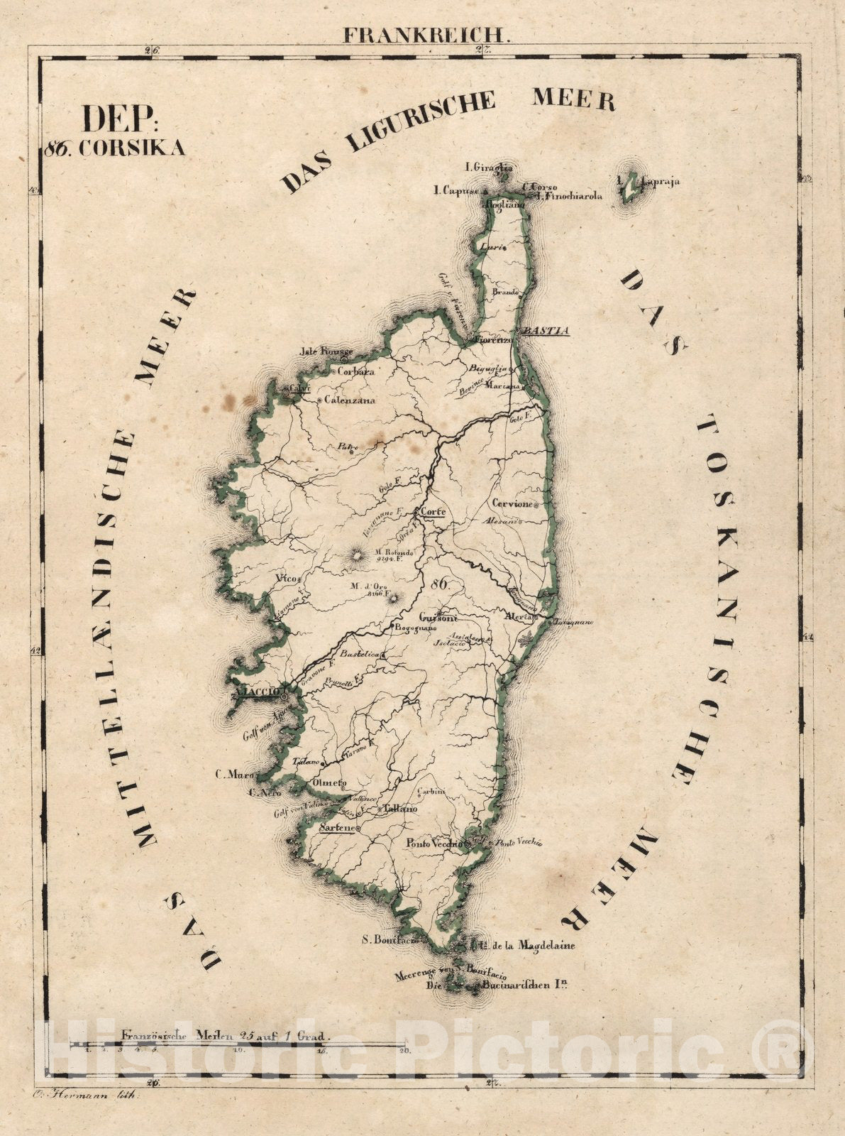 Historic Map : France, National Atlas Map, V.1:1-5: I: Frankreich. DEP: 86. Korsika 1825 , Vintage Wall Art