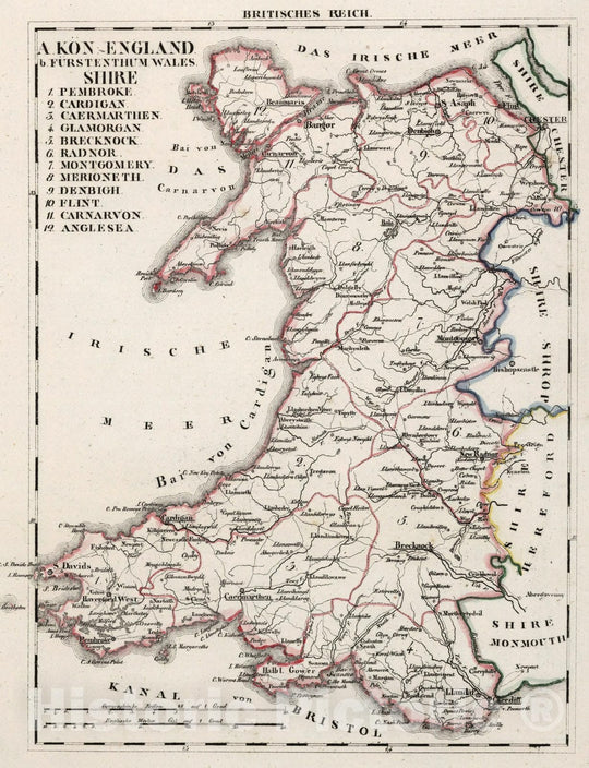 Historic Map : England, V.3:11-15:XV. Britisches Reich. A. Kon: England. b. Frstenthum Wales: Shire: 37-40 1830 , Vintage Wall Art