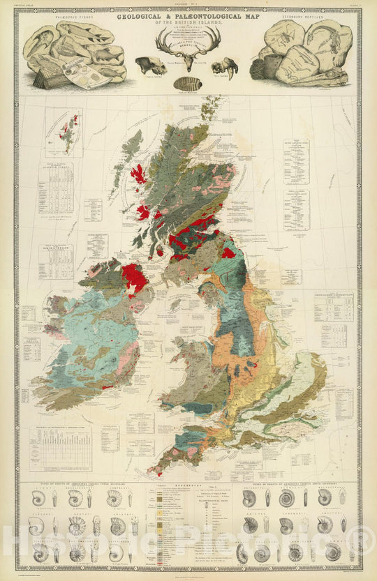 Historic Map : Composite: Geological, palaeontological map British Islands, 1854 - Vintage Wall Art